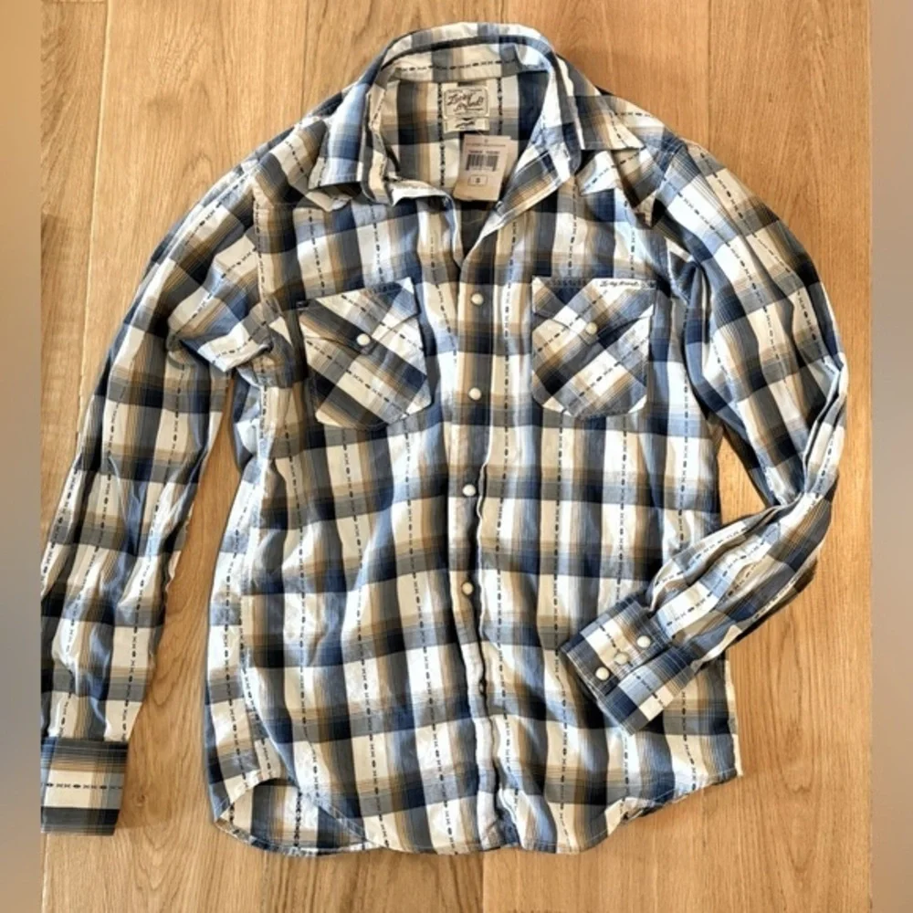 Lucky Brand Western Plaid Button-Down Shirt Small Blue Tan NWT
